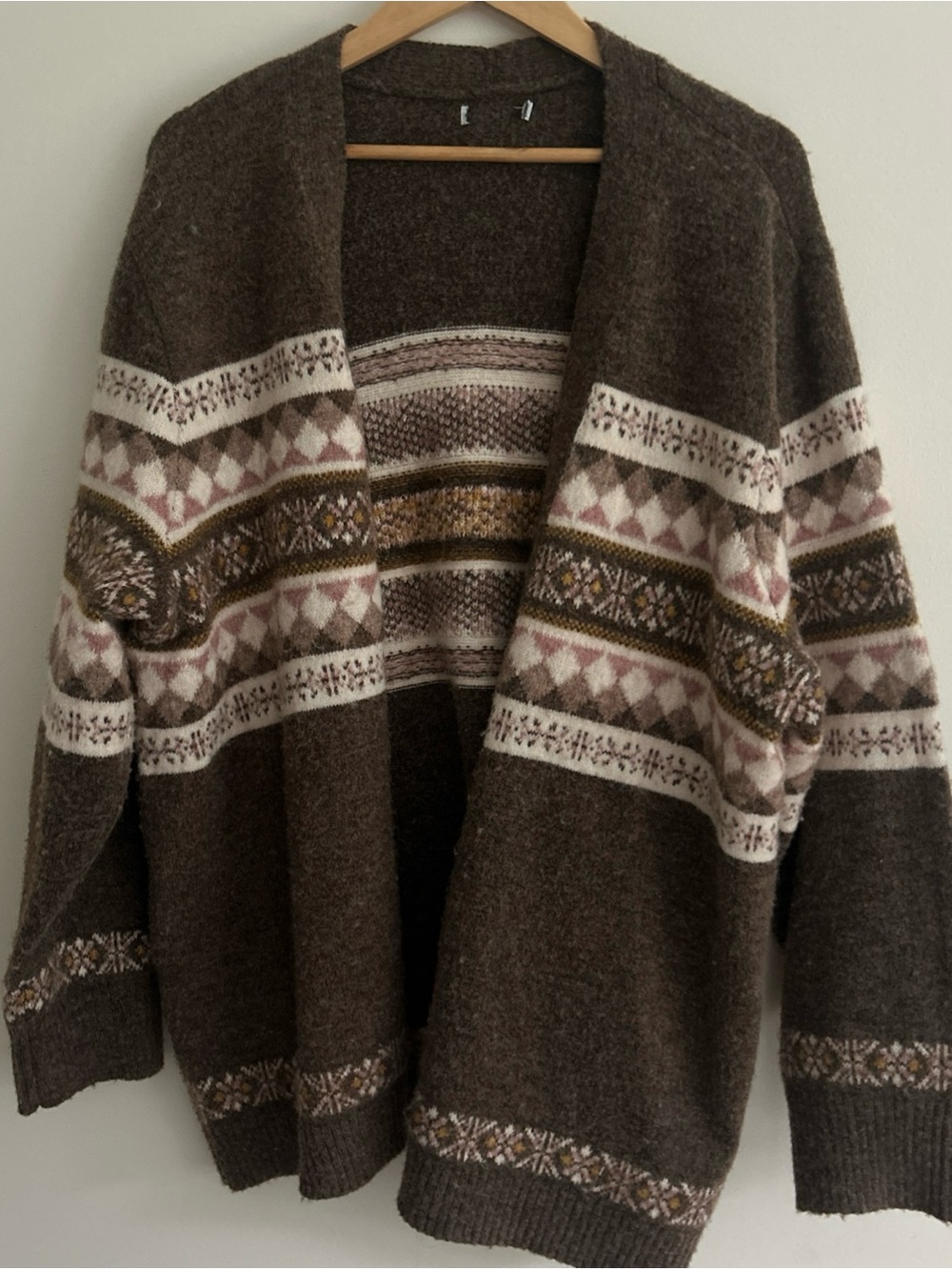 Brown Fair Isle Patterned Open Cardigan Sweater with Pink and Cream Accents XL
